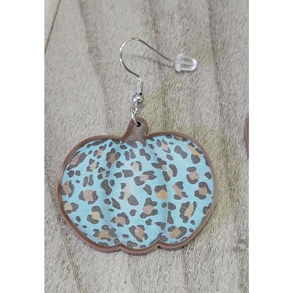 Teal leopard Pumpkin Earrings - Picture 2 of 3
